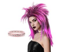 SAIIURV Rose Fushia Perruque Coupe Mulet et Collier pour Adultes, Femme Homme Drole Humour Années 80 Rock Star Perruque Moche Punk Fluo Cheveux Costume Accessoire pour Halloween Carnavals Fête