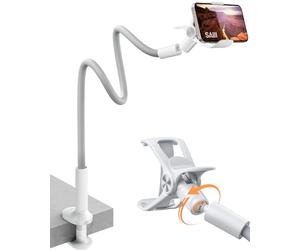 SAIJI Support de téléphone en col de Cygne, Bras Flexible pour lit avec Pince réglable à 360°, extérieur en Cuir amélioré, Support de téléphone Portable pour Tous Les écrans de 4,7 à 7" iPhone,