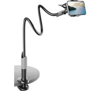 SAIJI Support de téléphone portable pour lit, col de cygne - Bras long rotatif à 360° - Pour iPhone 17, 16, 15, 14, 13, 12 Pro, écran de 4" à 7" - Noir