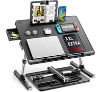 SAIJI Table de lit pour Ordinateur Portable Pliante Réglable en Cuir PVC avec Tiroir de Rangement Déflecteur en Silicone Amovible, étagère à Livres, Fente Plate (Noir)
