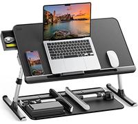 SAIJI Table de lit pour Ordinateur Portable Pliante Réglable en Cuir PVC avec Tiroir de Rangement Déflecteur en Silicone Amovible pour Lit, canapé, Sol (Noir)