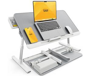 SAIJI Table de lit pour Ordinateur Portable Pliante Réglable en Cuir PVC avec Tiroir de Rangement Déflecteur en Silicone Amovible pour Lit, canapé, Sol（Gris）