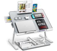 SAIJI Table lit pour Ordinateur Portable Pliante Réglable en Cuir PVC avec Tiroir de Rangement Déflecteur en Silicone Amovible, étagère à Livres, Fente Plate (Gris)