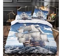 Sailboat Sailing Linge de Lit Microfibre Résistante 3D Effet 3 Pièces Éclair Douce Historical Naval Vessel Parure de Lit Super Douce Entretien Facile for Adulte Enfants Filles Single（140x200cm）