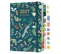 Sailingvan Agenda 2027 A5 une page par jour, janvier à décembre 2027, agenda journalier en cuir, autocollants de productivité, aperçu mensuel avec onglets colorés, sangle élastique, boucle pour stylo