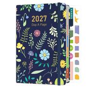 Sailingvan Agenda 2027 A5 une page par jour, janvier à décembre 2027, agenda journalier en cuir, autocollants de productivité, aperçu mensuel avec onglets colorés, sangle élastique, boucle pour stylo