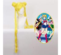 Sailor Moon Tsukino Usagi Cosplay perruque Double queue de cheval longue blonde citron jaune cheveux synthétiques pour Halloween Costume fête