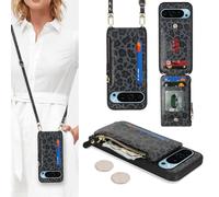 SailorTech Coque pour Google Pixel 9 Pro XL Étui avec Porte-Cartes de crédit, Etui pour Google Pixel 9 Pro XL Housse avec Courroie de Cou Portefeuille avec Fentes pour Cartes de crédit-Léopard Noir