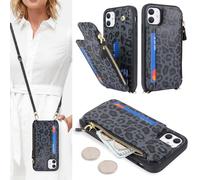 SailorTech Coque pour iPhone 11 Étui avec Porte-Cartes de crédit, Etui pour iPhone 11 Housse avec Courroie de Cou Portefeuille avec Fentes pour Cartes de crédit-Léopard Noir
