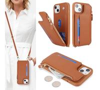 SailorTech Coque pour iPhone 13 Étui avec Porte-Cartes de crédit, Etui pour iPhone 13 Housse avec Courroie de Cou Portefeuille avec Fentes pour Cartes de crédit-Marron