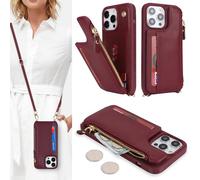 SailorTech Coque pour iPhone 14 Pro Étui avec Porte-Cartes de crédit, Etui pour iPhone 14 Pro Housse avec Courroie de Cou Portefeuille avec Fentes pour Cartes de crédit-Bourgogne
