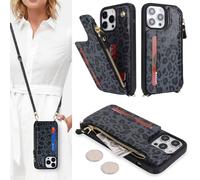 SailorTech Coque pour iPhone 14 Pro Étui avec Porte-Cartes de crédit, Etui pour iPhone 14 Pro Housse avec Courroie de Cou Portefeuille avec Fentes pour Cartes de crédit-Léopard Noir