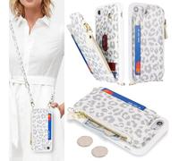 SailorTech Coque pour iPhone 7/8 Étui avec Porte-Cartes de crédit, Etui pour iPhone SE 2020/SE 2022 Housse avec Courroie de Cou Portefeuille avec Fentes pour Cartes de crédit-Léopard Blanc