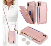 SailorTech Coque pour iPhone X Étui avec Porte-Cartes de crédit, Etui pour iPhone XS Housse avec Courroie de Cou Portefeuille avec Fentes pour Cartes de crédit-Or Rose