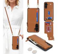 SailorTech Coque pour Samsung Galaxy A35 5G Étui avec Porte-Cartes de crédit, Etui pour Samsung Galaxy A35 5G Housse avec Courroie de Cou Portefeuille avec Fentes pour Cartes de crédit-Marron