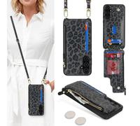 SailorTech Coque pour Samsung Galaxy A35 5G Étui avec Porte-Cartes de crédit, Etui pour Samsung Galaxy A35 5G Housse avec Courroie de Cou Portefeuille avec Fentes pour Cartes de crédit-Léopard Noir