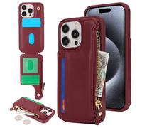 SailorTech Etui pour iPhone 15 Pro Étui avec Porte-Cartes de crédit, Housse pour iPhone 15 Pro Étui à Fermeture éclair Portefeuille avec Fentes pour Cartes de crédit-Bourgogne