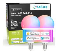 sailsco Ampoule Connectée Matter,Ampoule LED E14 WiFi Intelligente Compatible avec Alexa et Smart Life,Multicolore RGB & 2700K-6500K, Dimmable,9W équivalent 60W,Commande Vocale,A60 806LM,Lot de 2