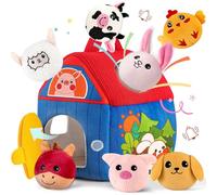 SAIMAND Jouet Bebe Animaux de la Ferme en Peluche, Jeux Sensoriel Montessori avec Grange, Hochets et Miroir, Jouet d’Éveil Bébé 0-3-6-9-12 Mois, Cadeau Bébé Enfant Garçon et Fille