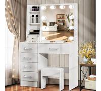 Saimeihome Coiffeuse avec éclairage à intensité variable en 3 couleurs de lumière, blanche, avec miroir et tabouret, 6 tiroirs et 6 compartiments, coiffeuse moderne pour chambre à coucher, 80 x 36 x