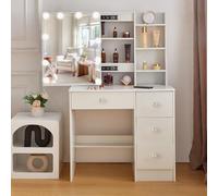 Saimeihome Coiffeuse avec éclairage et miroir coulissant, 80 cm, avec tabouret à intensité variable, 3 couleurs de lumière, 6 tiroirs et 6 étagères, table cosmétique pour chambre à coucher (boutons de