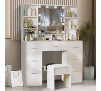 Saimeihome Coiffeuse blanche (100 x 40 x 140 cm) avec éclairage LED à 3 niveaux - Table cosmétique avec 7 tiroirs et miroir