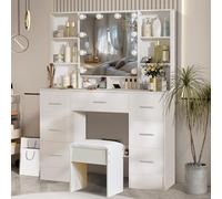 Saimeihome Coiffeuse blanche 100 x 40 x 140 cm - Avec lumière LED, 6 tiroirs et grand miroir + tabouret pour chambre à coucher