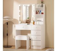 Saimeihome Coiffeuse Miroir LED et Tabouret, 3 Modes LED, Table de Maquillage avec 6 Tiroirs 6 Étagères, pour Beauté et Organisation, Moderne 80 x 36 x 130 cm