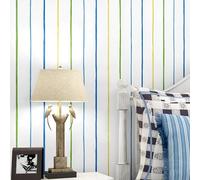 SAIMEYI Papier peint intissé Style méditerranéen Bleu Blanc Jaune Vert Motif à rayures verticales Pour chambre d'enfant, cuisine, chambre, salle de bain, salon