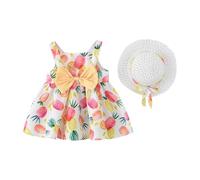 Saingace Robe d'été décontractée pour bébé Fille avec Chapeau imprimé Fruits Robes fluides sans Manches Bretelles col Rond Jupes élégantes nœud froncé Tenues légères#621B