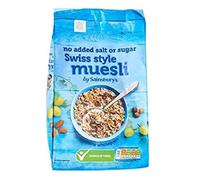 Sainsbury's Muesli suisse sans sucre ni sel ajouté 1 kg - Un mélange de flocons d'avoine pleine fleur et de flocons de blé grillés maltés avec des sultanas, de la poudre de lactosérum et des noix.