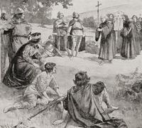 Saint Augustin rencontre le roi Ethelbert pour la première fois. Augustin a dirigé la mission grégorienne de Rome à la Grande-Bretagne pour christianiser le roi thelberht et son royaume de Kent du
