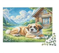Saint-Bernard Papier résistant Bernard allongé sur l’Herbe près du lac et du Chalet Puzzle Cadeau d’Anniversaire éducatif pour Adultes 70x50cm/1000 pièces