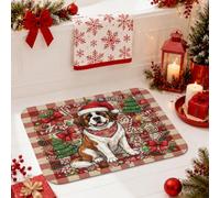 Saint Bernard Tapis de salle de bain Motif chien de Noël 40,6 x 61 cm | Saint Bernard Portrait Tapis de douche WC Fond écossais rouge Thème vacances d'hiver Accents de salle de bain doux