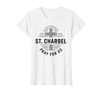 Saint Charbel Pray for Us Catholic Maronite Saint T-Shirt Graphique avec Valeur, Femme, Blanc, M
