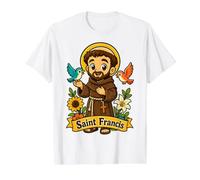 Saint François d'Assise Patron Saint des Animaux Chibi Catholique T-Shirt Graphique avec Valeur, Homme, Blanc, M