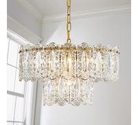 Saint Mossi Lustre en cristal, lustre pendentif vintage avec 4 ampoules, D46cm x H25cm, abat-jour en verre à 2 niveaux et finition laiton