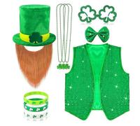 Saint Patrick Accessoires 10 Pcs Homme Femme De La Chapeau De Lutin Trèfle Avec Barbe Nœud Gilet Collier Trèfle Lunettes, De La Saint-Patrick Trèfle Vert Irlandais Pour Fournitures De Fête Costume