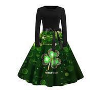 Saint Patrick Imprimé Manches Longues Col Rond A-line Robe Femme Rétro Patchwork Jupe Bordure Mode, Vert menthe., M