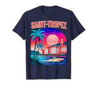 Saint Tropez Rétro Coucher Soleil Palmiers Bateau Riviera T-Shirt