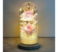 Saint Valentin Rose Eternelle sous Cloche, La Belle et la Bête Rose, Dôme en Verre Rose éternelle avec lumière LED et Base, Mariage Maison Décor, Cadeau Unique pour Maman, Femme, Mere, Mamie, Amie