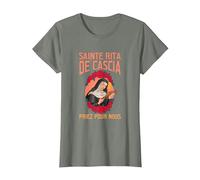 Sainte Rita de Cascia. Priez pour Nous T-Shirt, Femme, Vert Kaki chiné, XS