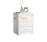 Saitedudu Table de chevet avec LED et fonction de charge, table d'appoint design push-pull, 2 tiroirs, 2 prises AC, 2 prises USB, télécommande Bluetooth, chambre à coucher et salon (blanc, 45 x 40 x