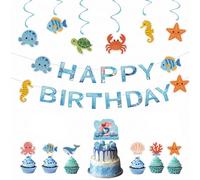 Saituo Home 14 Pièces Décoration Anniversaire Thème Océan Sirène, Kit Complet Deco Anniversaire Bannière, Toppers et Décorations, Birthday Decoration Bleu pour Fête Enfant, Mer et Animaux Marins