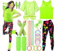 SaiXuan 26 pcs de Déguisement Année 80 Femme, Chemise en Maille, Gilets Fluorescents, Bandeau, Boucles d'Oreilles, Gants en Maille, pour Soirées à Thème et Spectacles sur Scène, Déguisement Fluo (L)