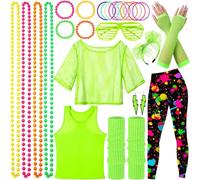SaiXuan 26 pcs de Déguisement Année 80 Femme, Chemise en Maille, Gilets Fluorescents, Bandeau, Boucles d'oreilles, Gants en Maille, pour Soirées à Thème et Spectacles sur Scène, Déguisement Fluo (XL)