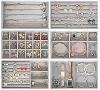 SaiXuan 6 Pièces Plateau Bijoux, Rangement Bijoux en Velours, Plateau Rangement Bijoux pour Bagues, Boucles d'oreilles,Colliers, Bracelets, Montres, Empilable, Plateaux à Bijoux pour Magasins (Gris)