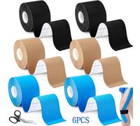 SaiXuan 6 Rouleaux Bande Kinesiologie (5cm x 5m) - K Tape Sport Imperméable et Respirant, Haute Élasticité, pour Genou, Épaule, Coude et Cheville - avec Ciseaux de Découpe, Noir/Beige/Bleu Clair