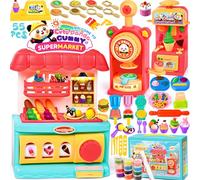 SaiXuan Coffret Pâte à Modeler 55 Pcs avec 12 Pots, Kit Pate à Modeler Enfant 2 Ans, Machine à Glace DIY et Moules Alimentaires, pour Créer Hamburgers, Jouet Créatif Supermarché Cadeau Enfant