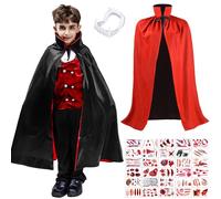 SaiXuan Déguisement Vampire Adolescent 170 cm - Cape Réversible Rouge et Noire 150 cm avec Capuche + Dents de Vampire + 30 Tatouages Sang, Costume Dracula Garçon Fille Halloween avec Accessoires